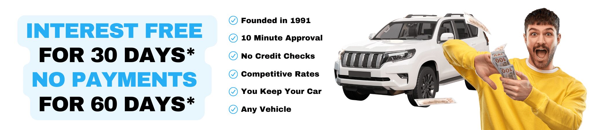 Checklist of car loan benefits with a vehicle front on the right.
