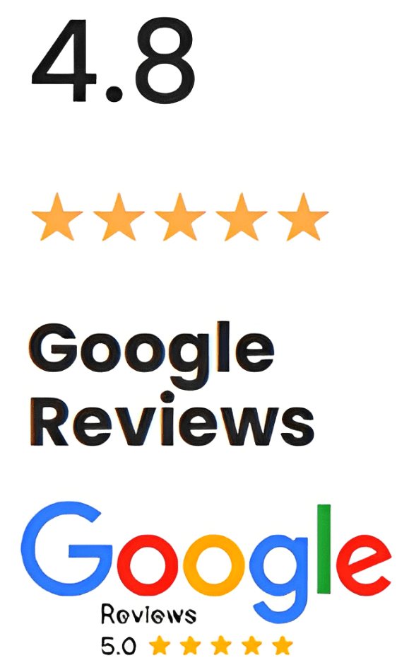 Five-star Google Reviews logo with orange stars above the text.